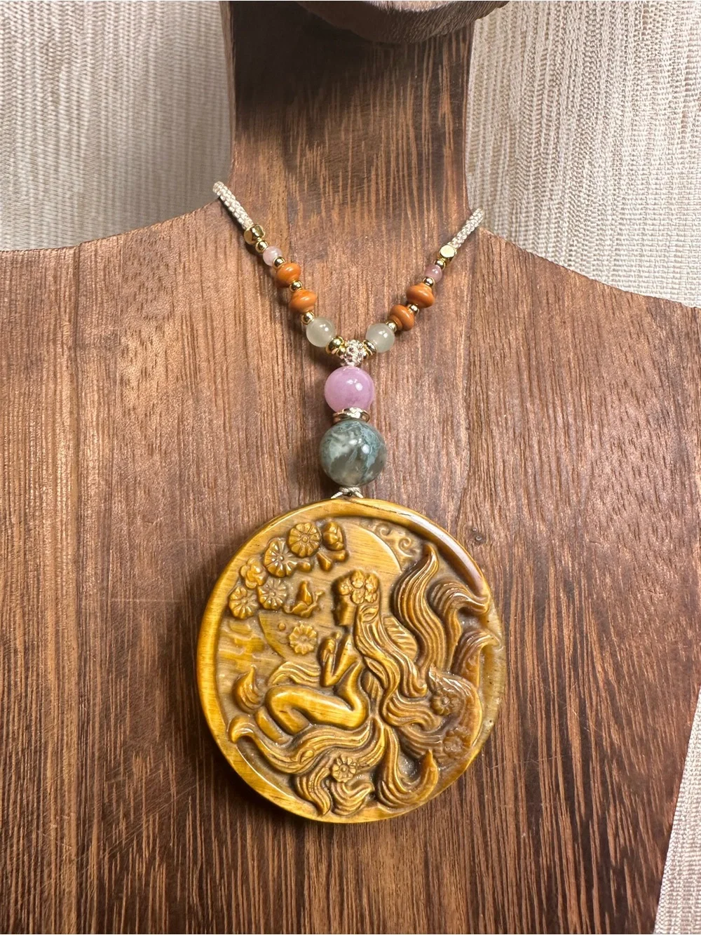 Tiger’s Eye Fairy Pendant with Kunzite and Moss Agate on Adjustable Beaded Rope